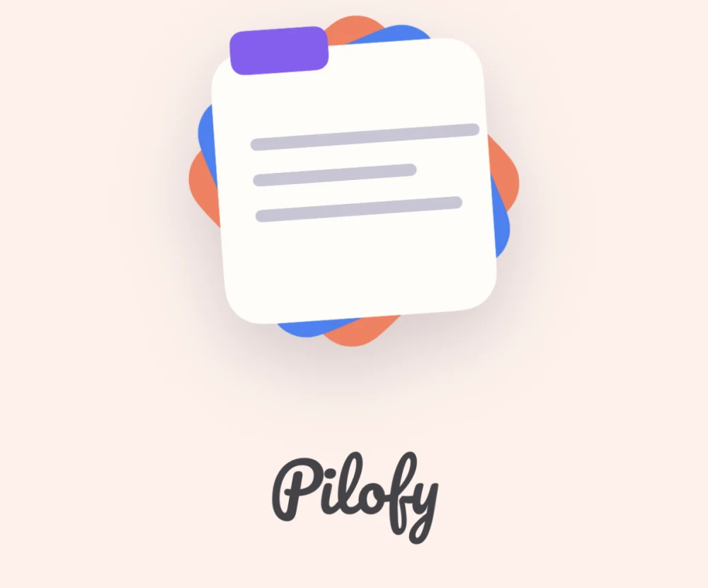 Pilofy 앱 아이콘 — 알록달록한 종이 위에 필기체로 쓴 Pilofy 워드마크